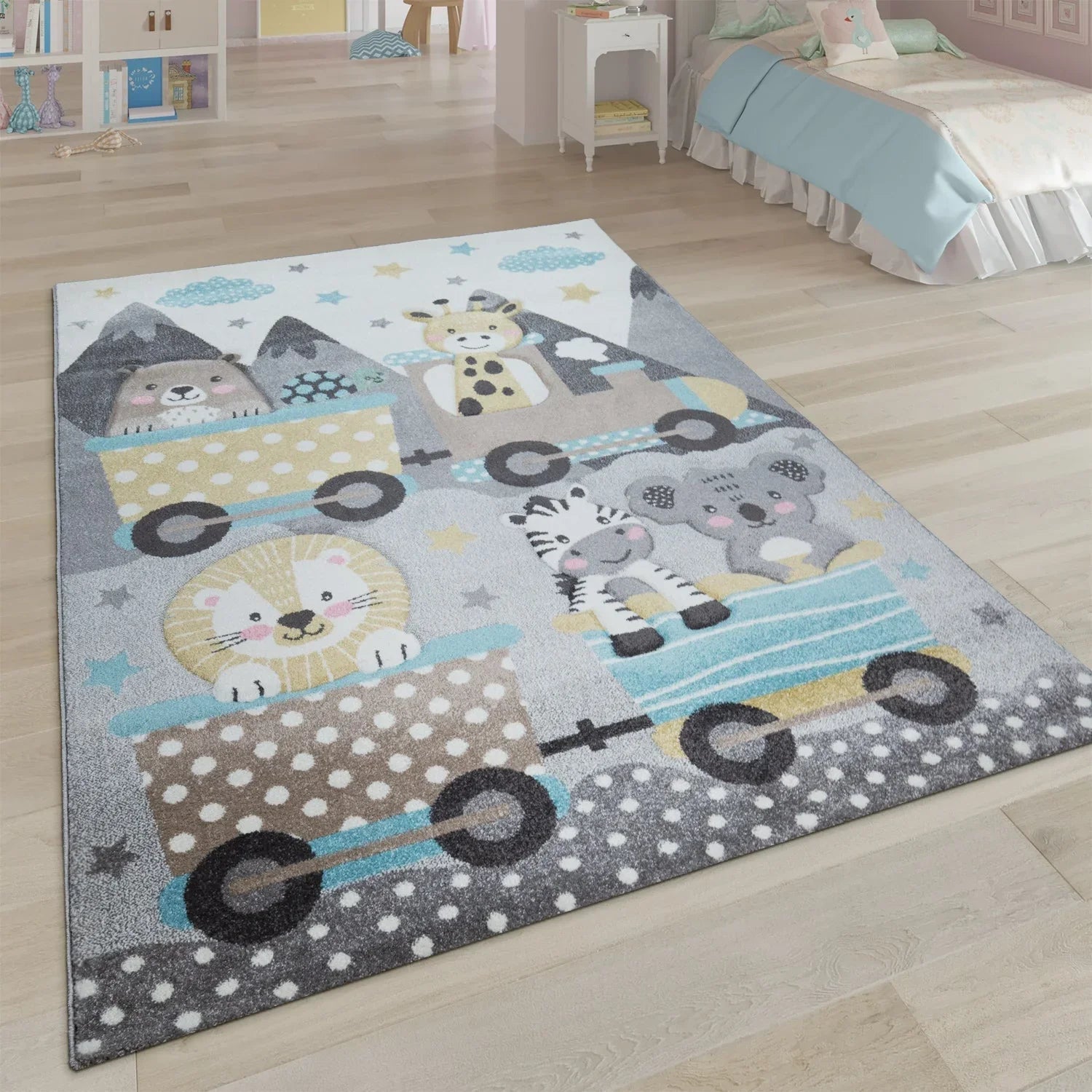 Kids Rug Elaya for Nursery Cute Animals on a Train in Pastel Grey RugYourHome