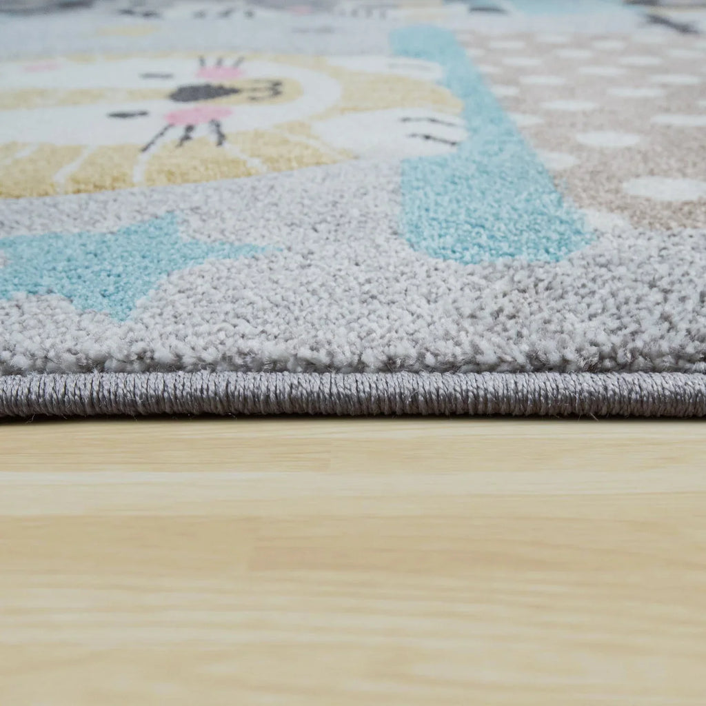 Kids Rug Elaya for Nursery Cute Animals on a Train in Pastel Grey RugYourHome