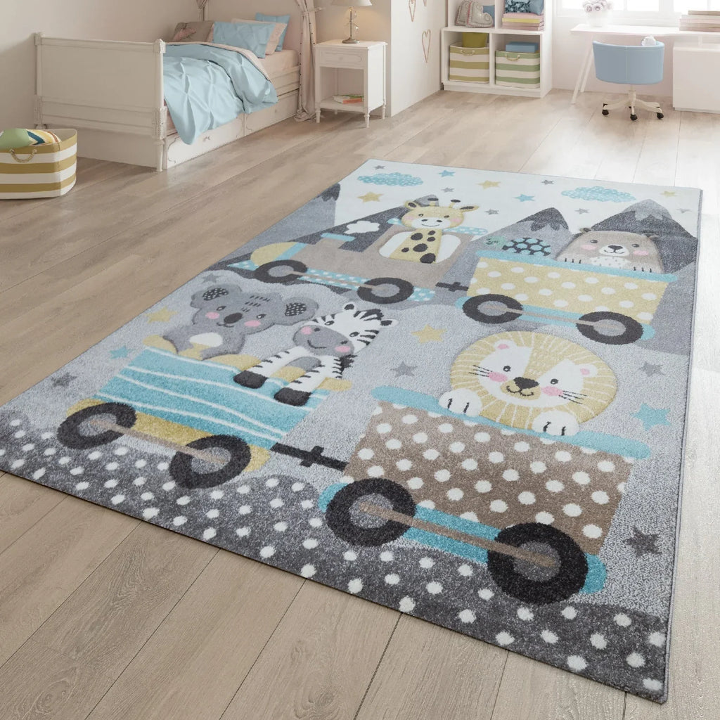 Kids Rug Elaya for Nursery Cute Animals on a Train in Pastel Grey RugYourHome