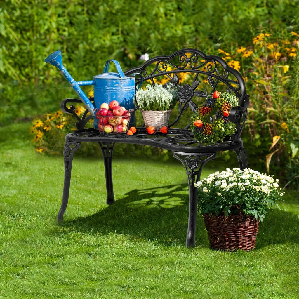 Outdoor Patio Bench - Heavy-Duty Cast Aluminum & Iron Construction, Elegant Floral design with Curved Legs - All-Weather Garden, Porch, or Entryway Furniture - Easy Assembly (No Tools Needed) - Black Bench for Modern/Traditio House Of Avana