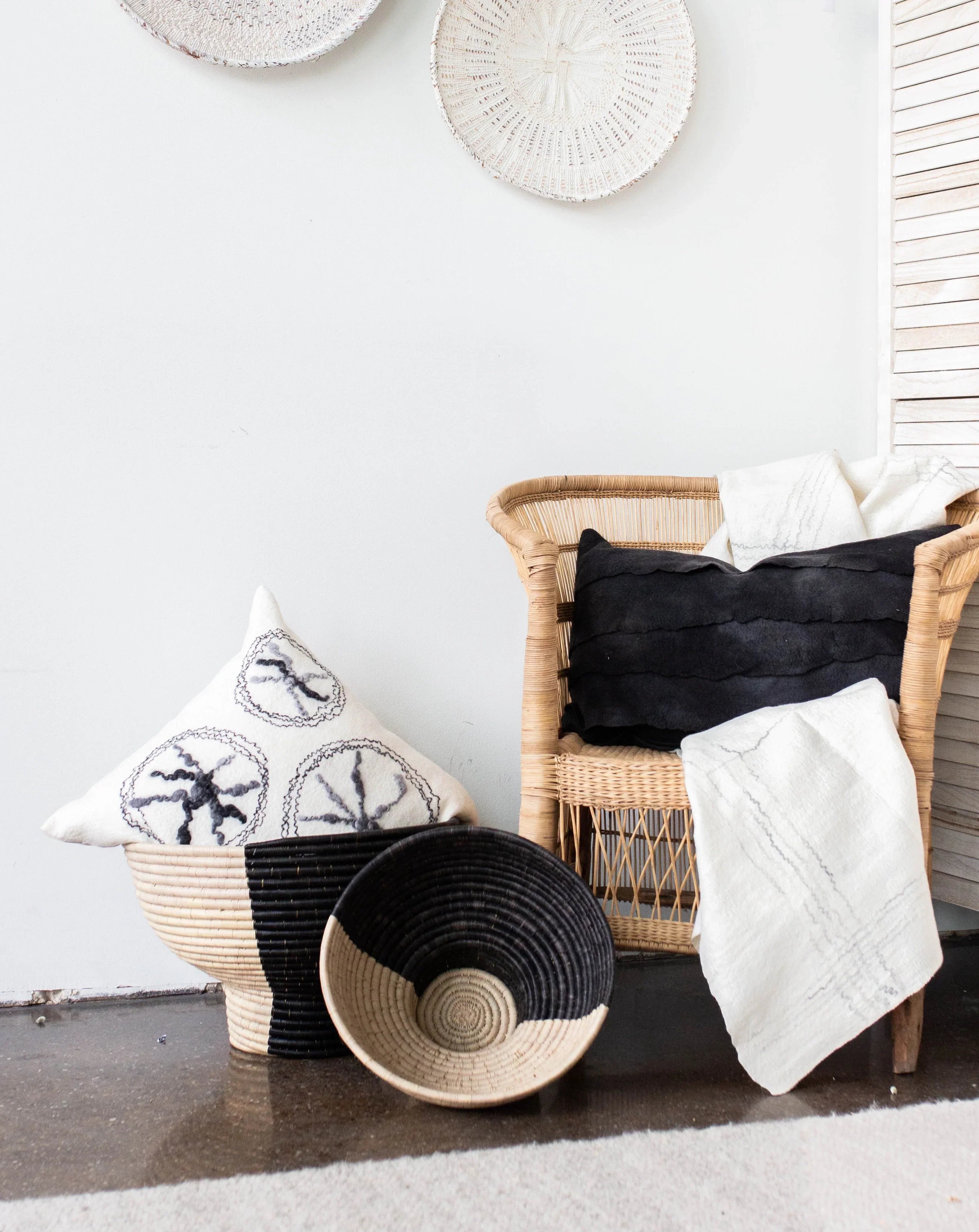 Pedestal Black and Natural Basket Bowl Kanju Interiors