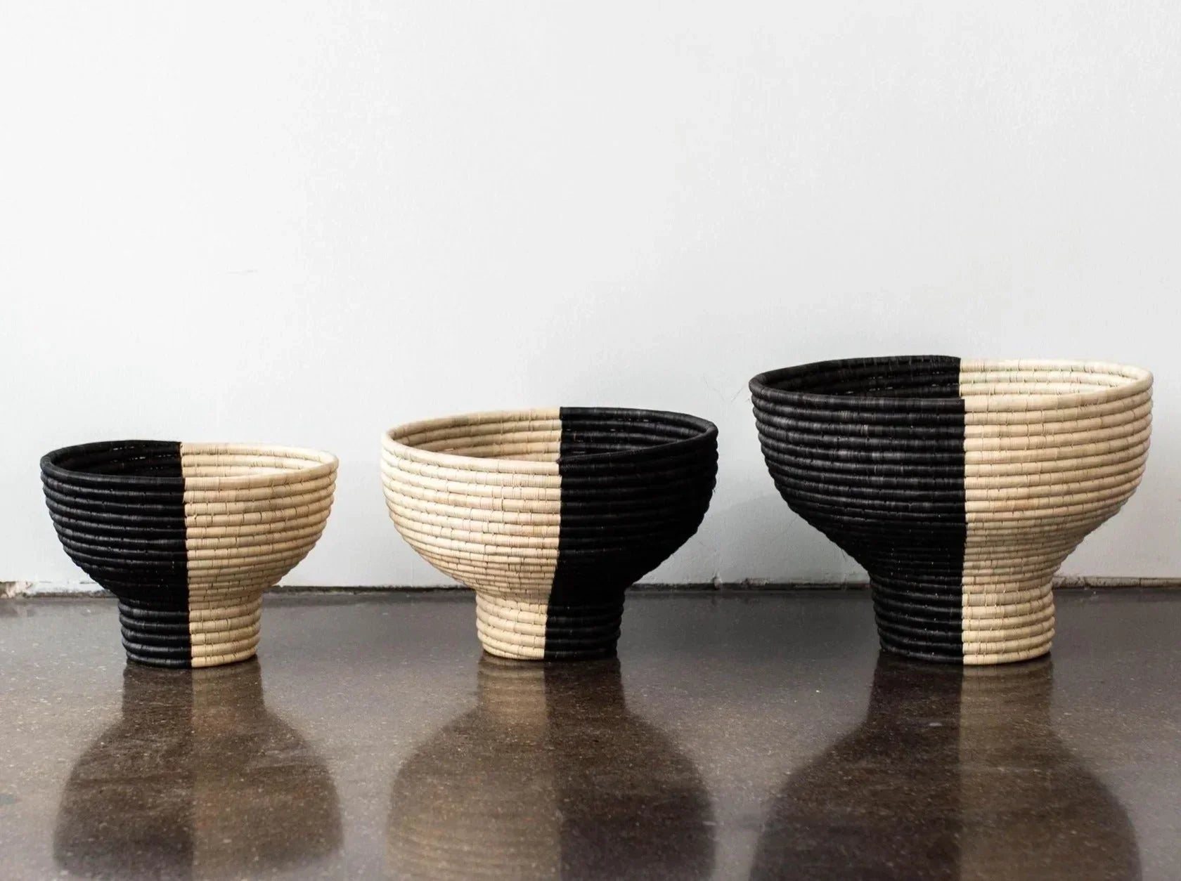 Pedestal Black and Natural Basket Bowl Kanju Interiors