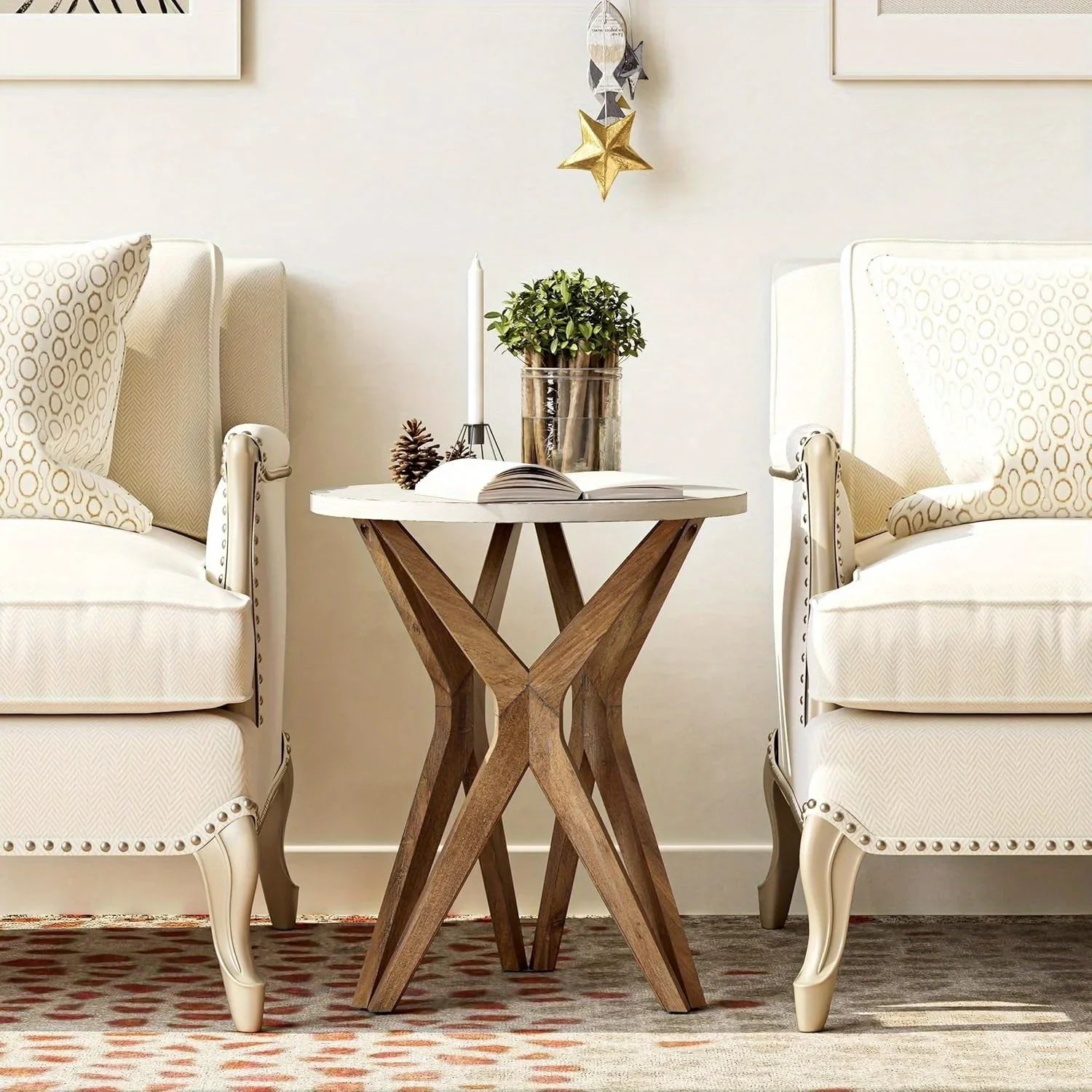 Pedestal Farmhouse End Table Set of 2, White Round End Table, Distressed White Top with Tripod Base for Modern Farmhouse, Boho Decor, Round House Of Avana