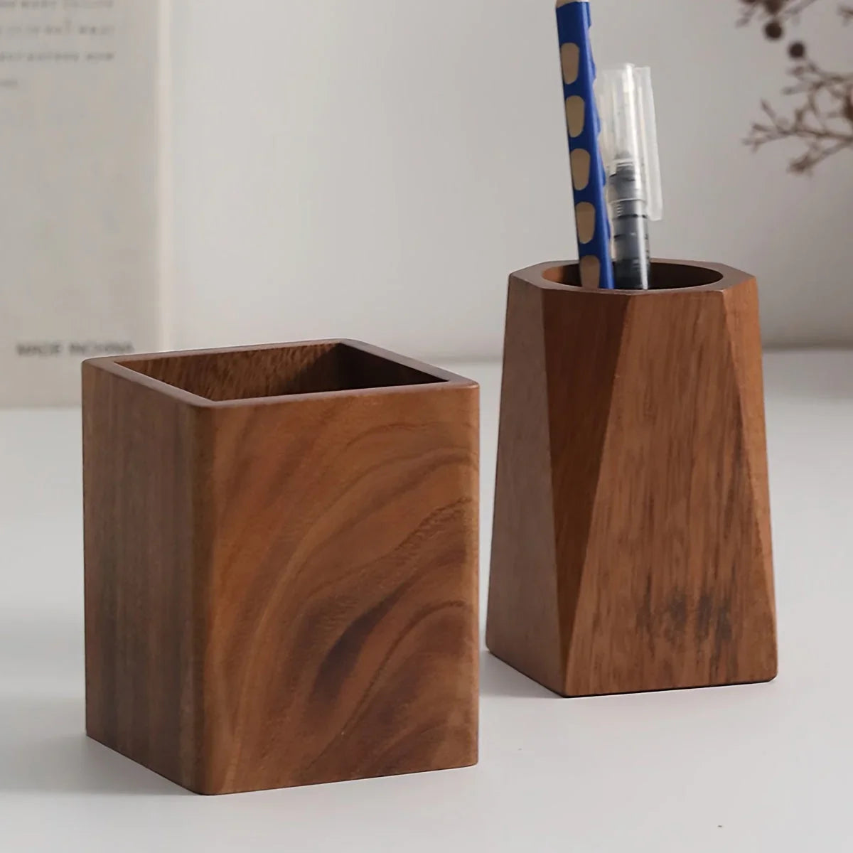 Vintage Wooden Pen Holder Organizer - Colorful Pencil Cylinder with Blue and White Design, Durable... - House Of Avana [[SKU:HOA-DSK-400]]