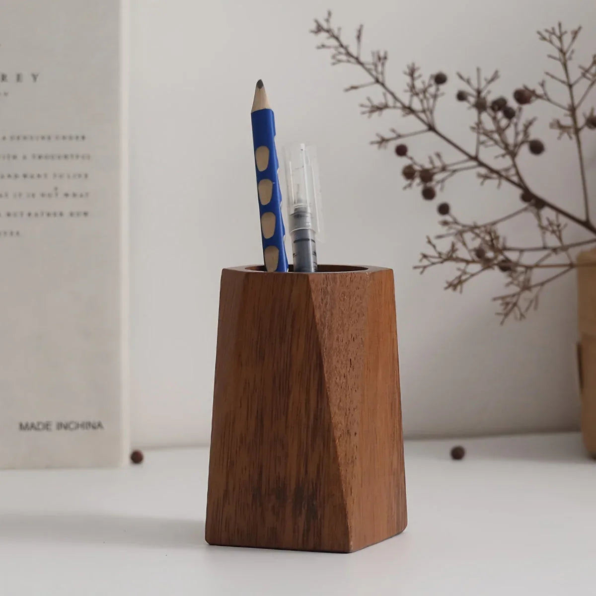 Vintage Wooden Pen Holder Organizer - Colorful Pencil Cylinder with Blue and White Design, Durable... - House Of Avana