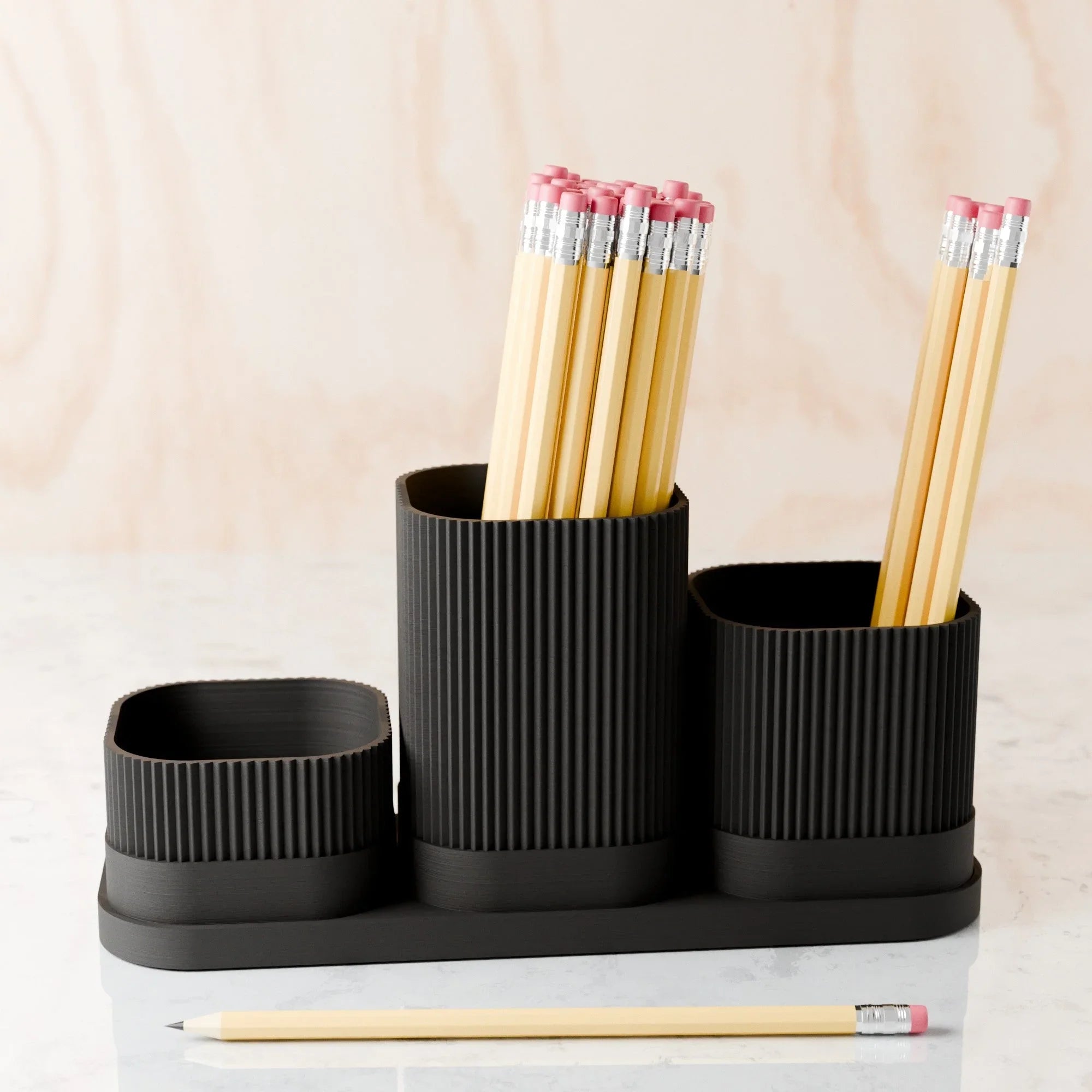 Wooden 3 piece pencil holder set, natural finish, organized desk accessory - House of Avana