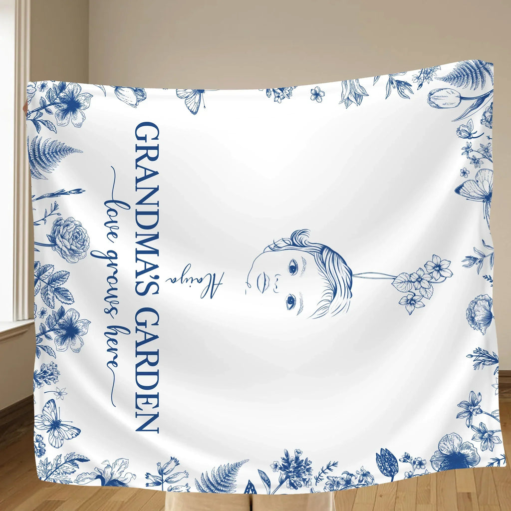 Personalized Grandma's Garden Quilt/Fleece Throw Blanket/Pillow Cover - Custom Side Profile Birthmonth Flower - Up to 6 Kids - Love Grows Here