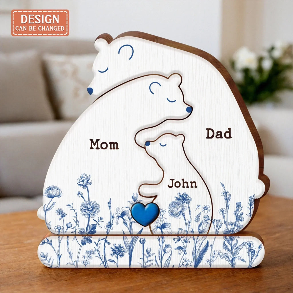 Personalized Hugging Bear Family Toile De Jouy Wooden Puzzle - Parents With Up to 3 Children - Gift Idea For Family
