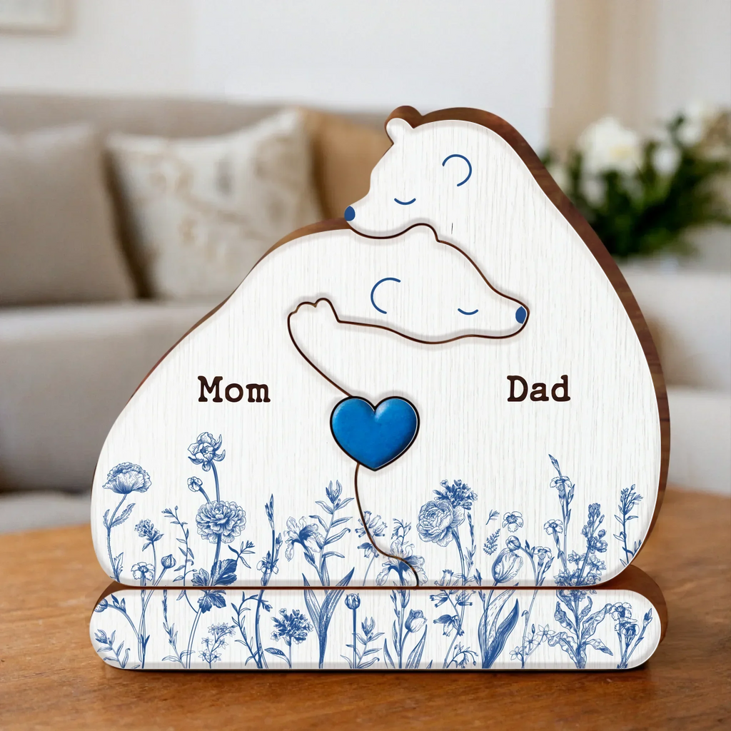 Personalized Hugging Bear Family Toile De Jouy Wooden Puzzle - Parents With Up to 3 Children - Gift Idea For Family