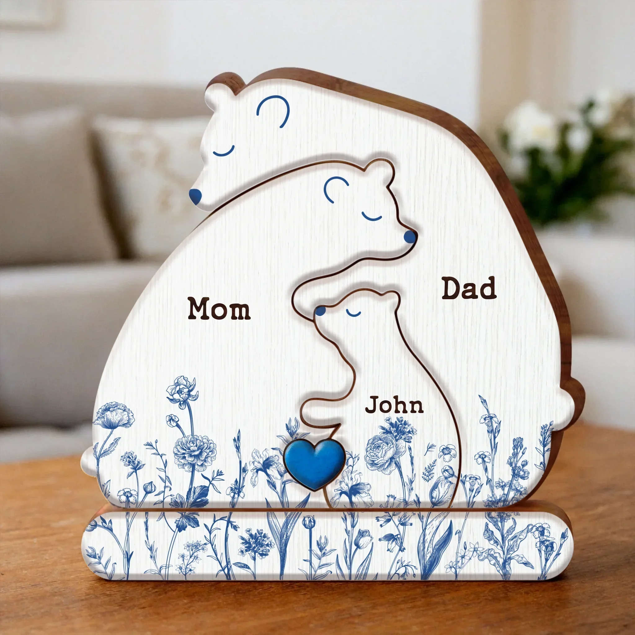 Personalized Hugging Bear Family Toile De Jouy Wooden Puzzle - Parents With Up to 3 Children - Gift Idea For Family