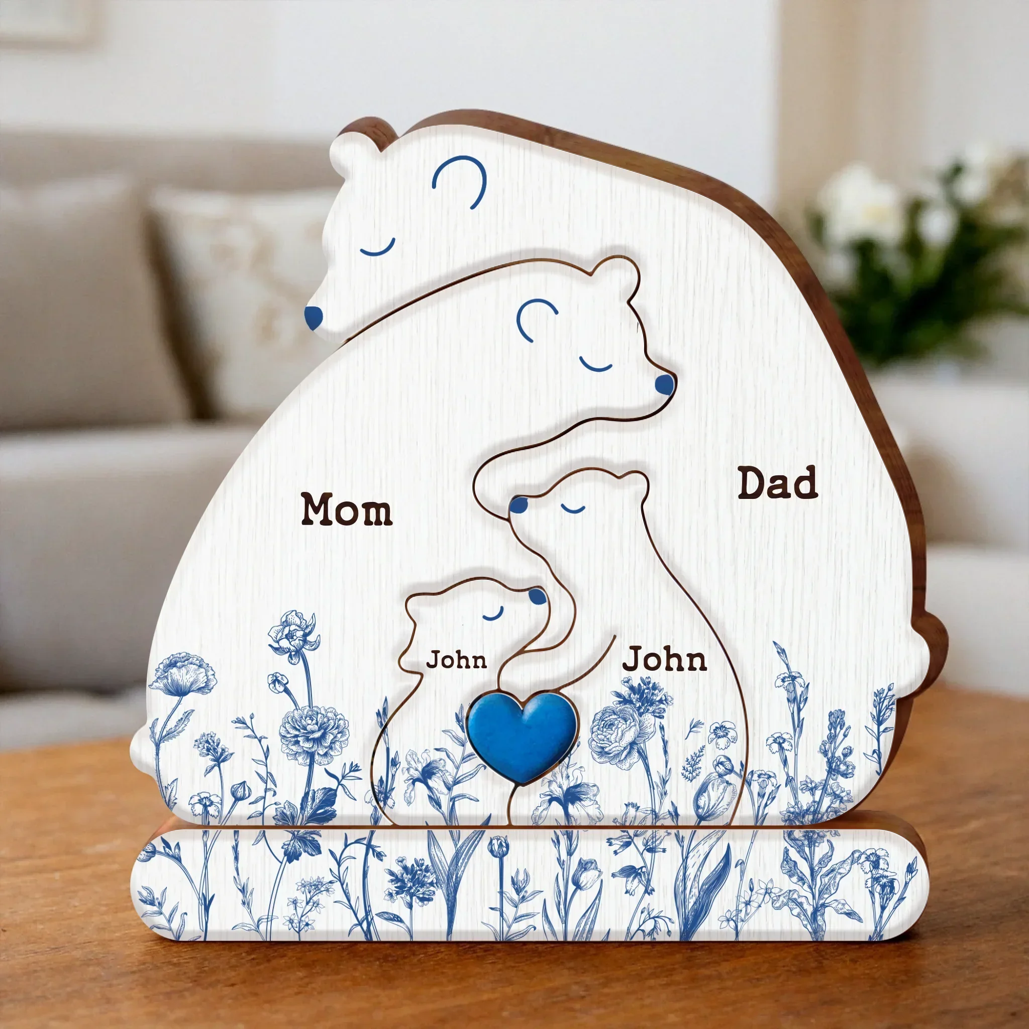 Personalized Hugging Bear Family Toile De Jouy Wooden Puzzle - Parents With Up to 3 Children - Gift Idea For Family
