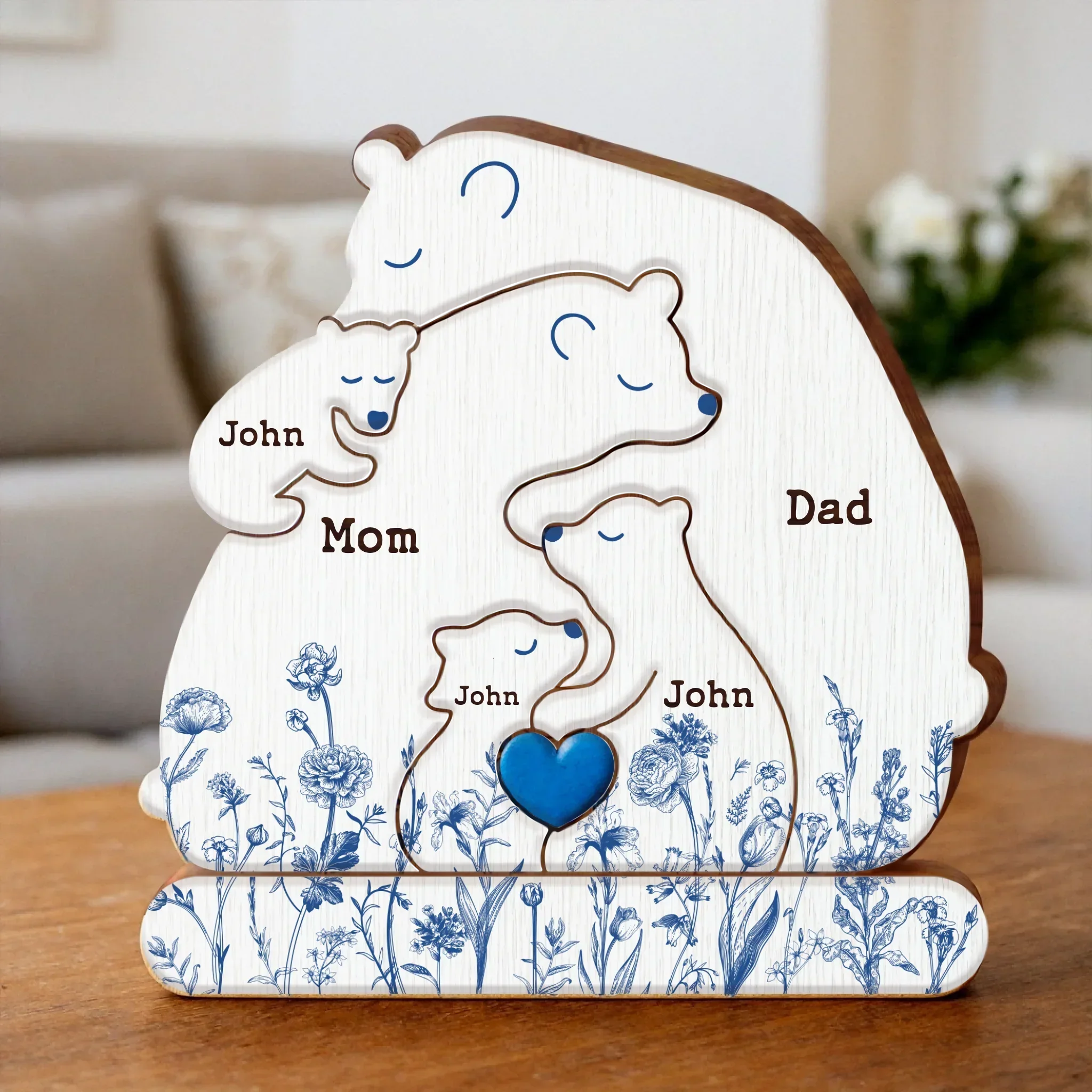 Personalized Hugging Bear Family Toile De Jouy Wooden Puzzle - Parents With Up to 3 Children - Gift Idea For Family