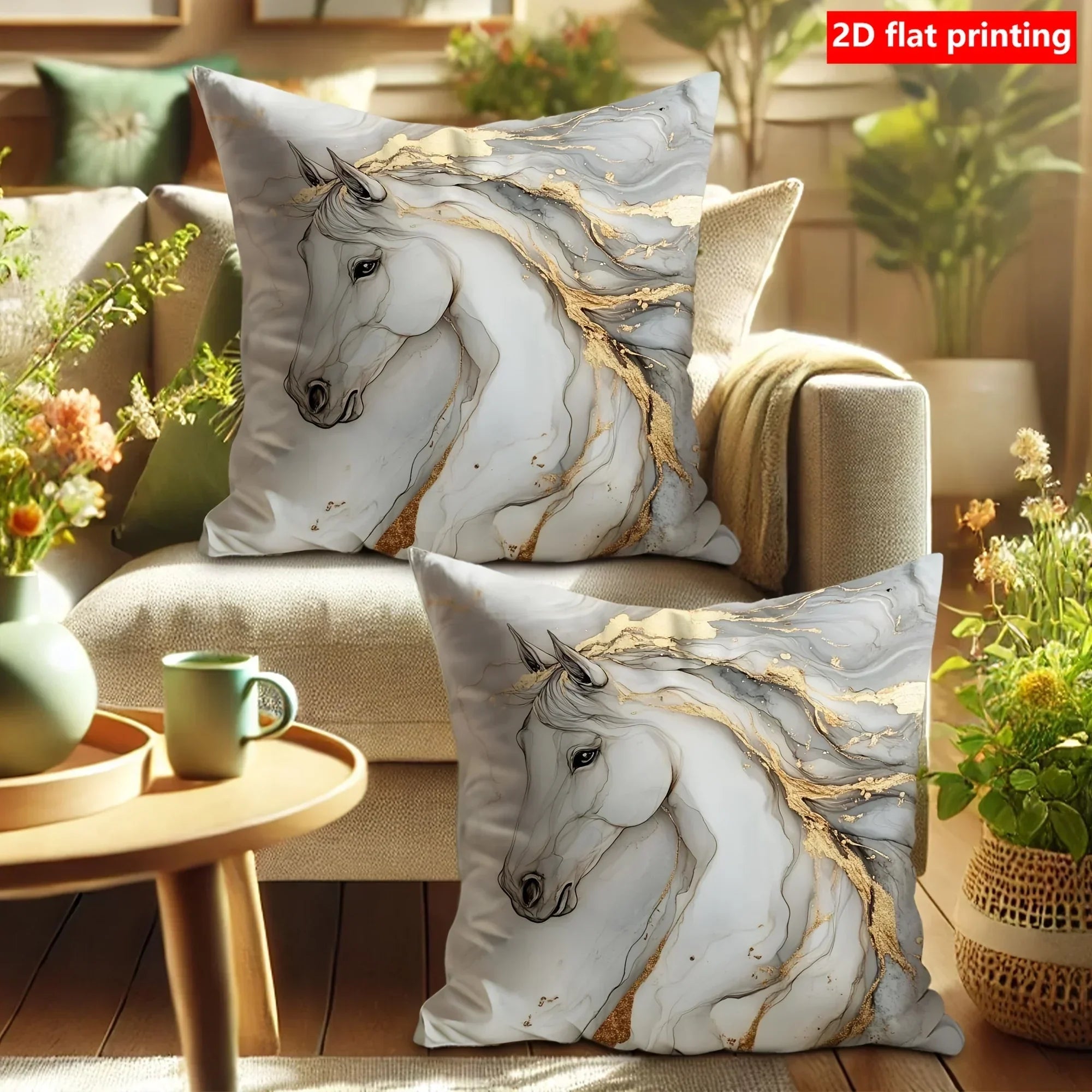 Pillow Covers - Zipper White Golden Abstract