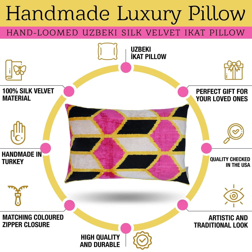 Canvello Handmade Pink Black Velvet Throw Pillow with Down Insert - 16x24, angled view - House Of Avana