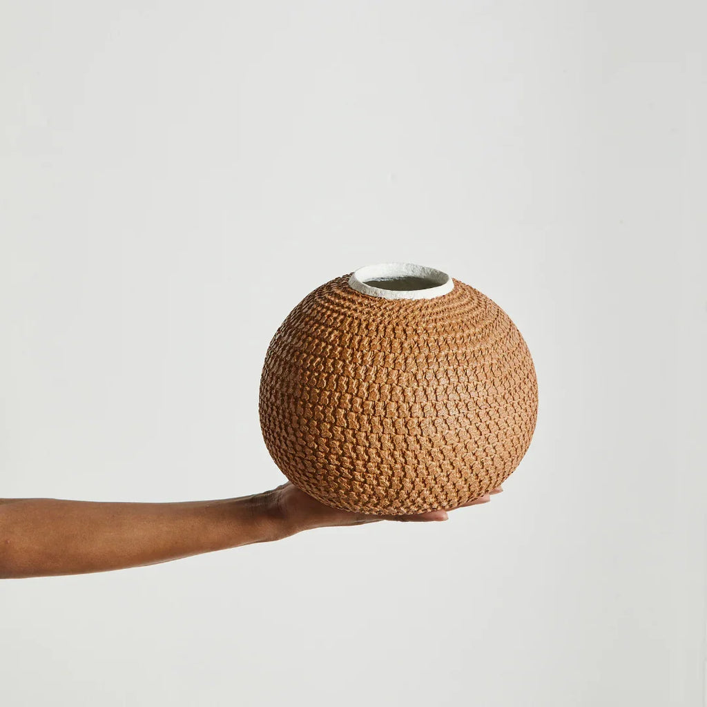 African Bibi Papier Vase in Pink, Rust, and Blue, side view - House Of Avana