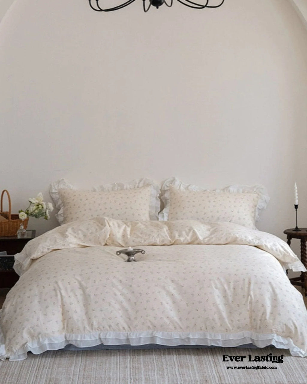 Annie Lace Ruffle Floral Bedding Set / Pink, angled view - House Of Avana