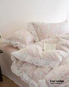 Annie Lace Ruffle Floral Bedding Set / Pink, side view - House Of Avana