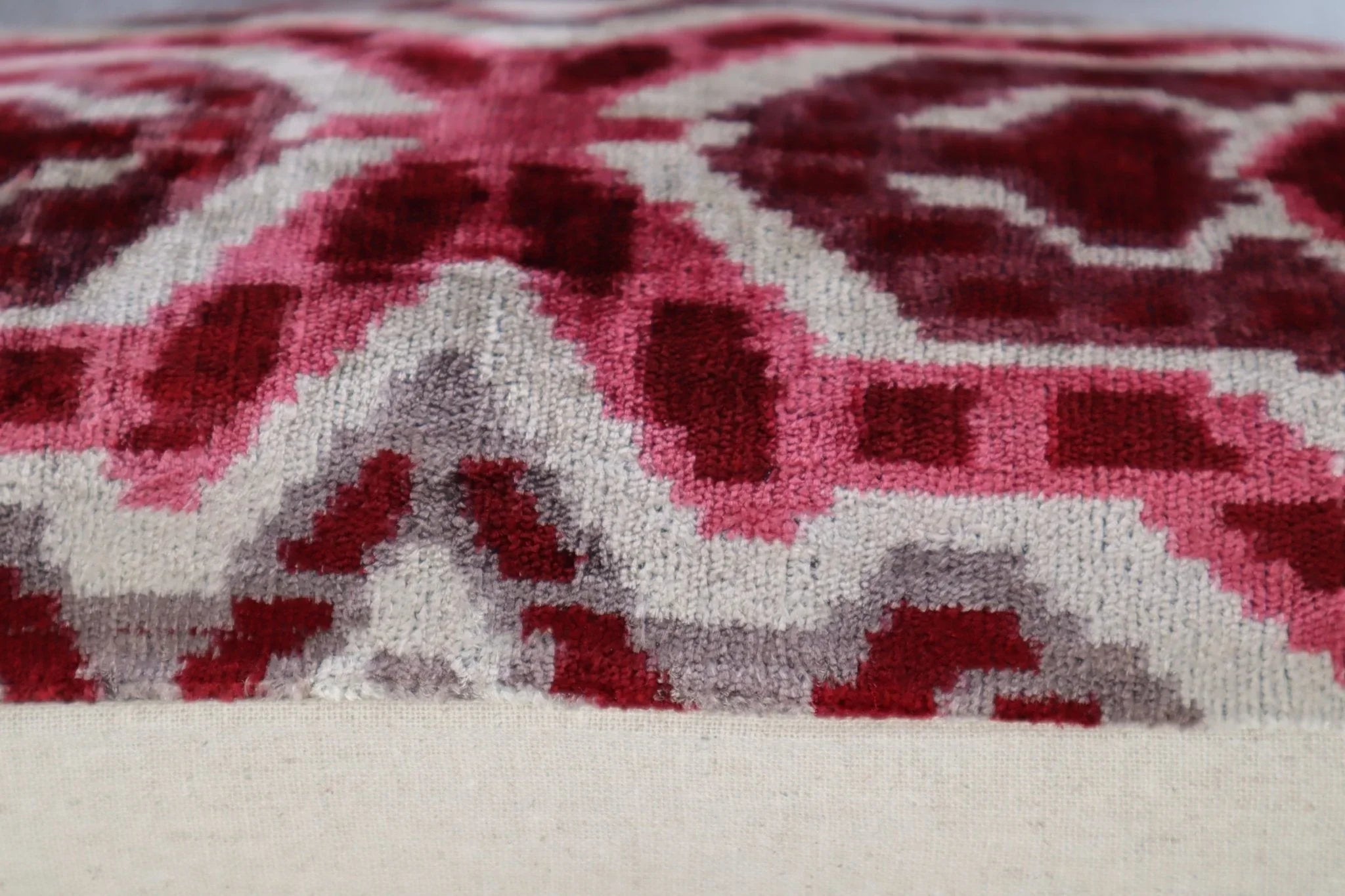 Canvello Pink Gray Handmade 16x24 Silk Velvet Pillow, Organic Veg Dyed, Down/feather Filled, angled view - House Of Avana