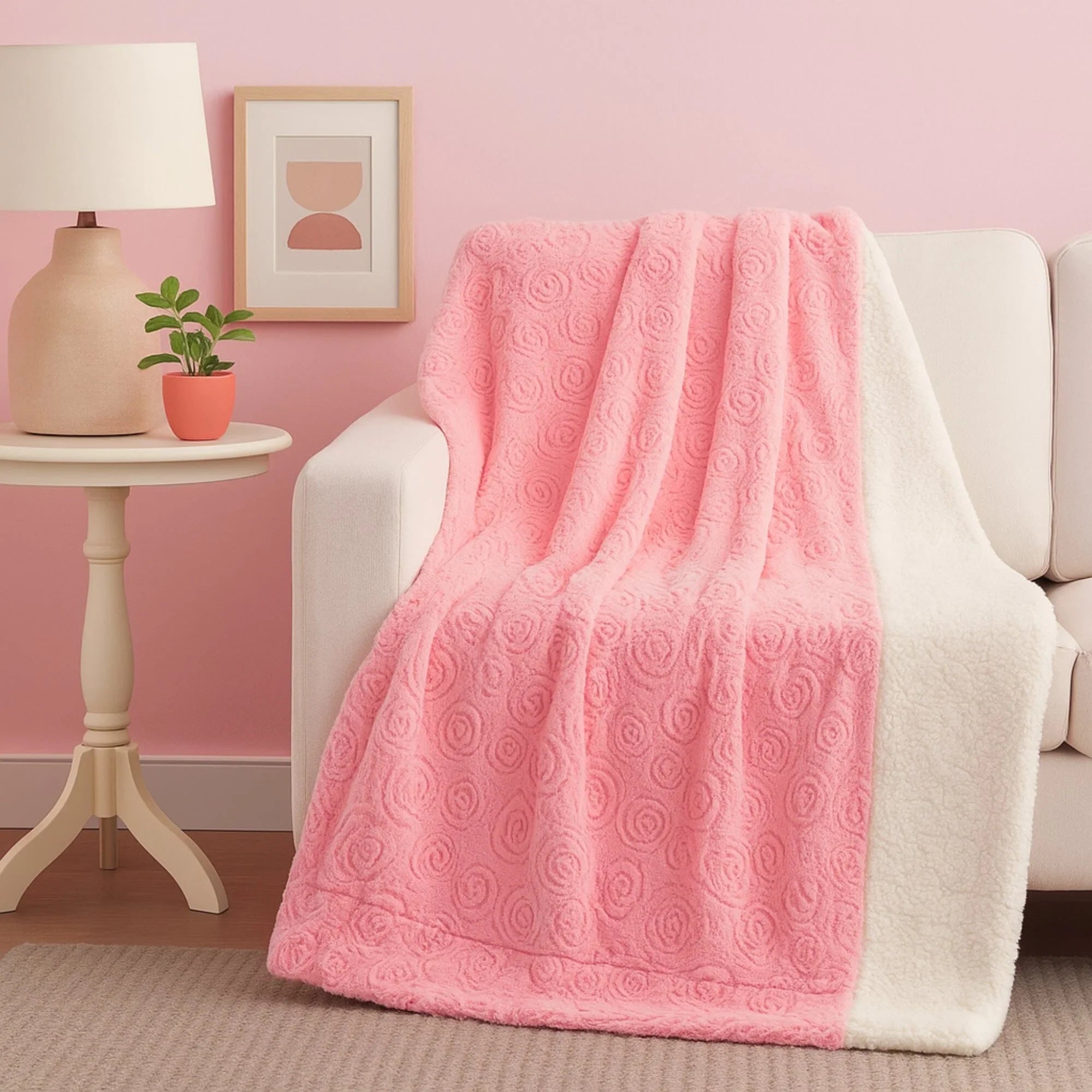 Pink faux fur throw blanket with rose buds, soft Sherpa backside - House of Avana