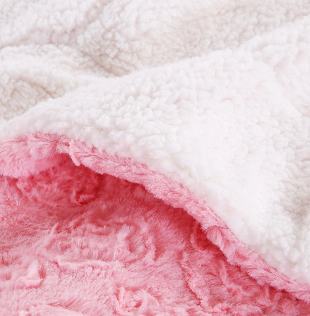 Pink faux fur throw blanket with rose buds, soft Sherpa backside - House of Avana