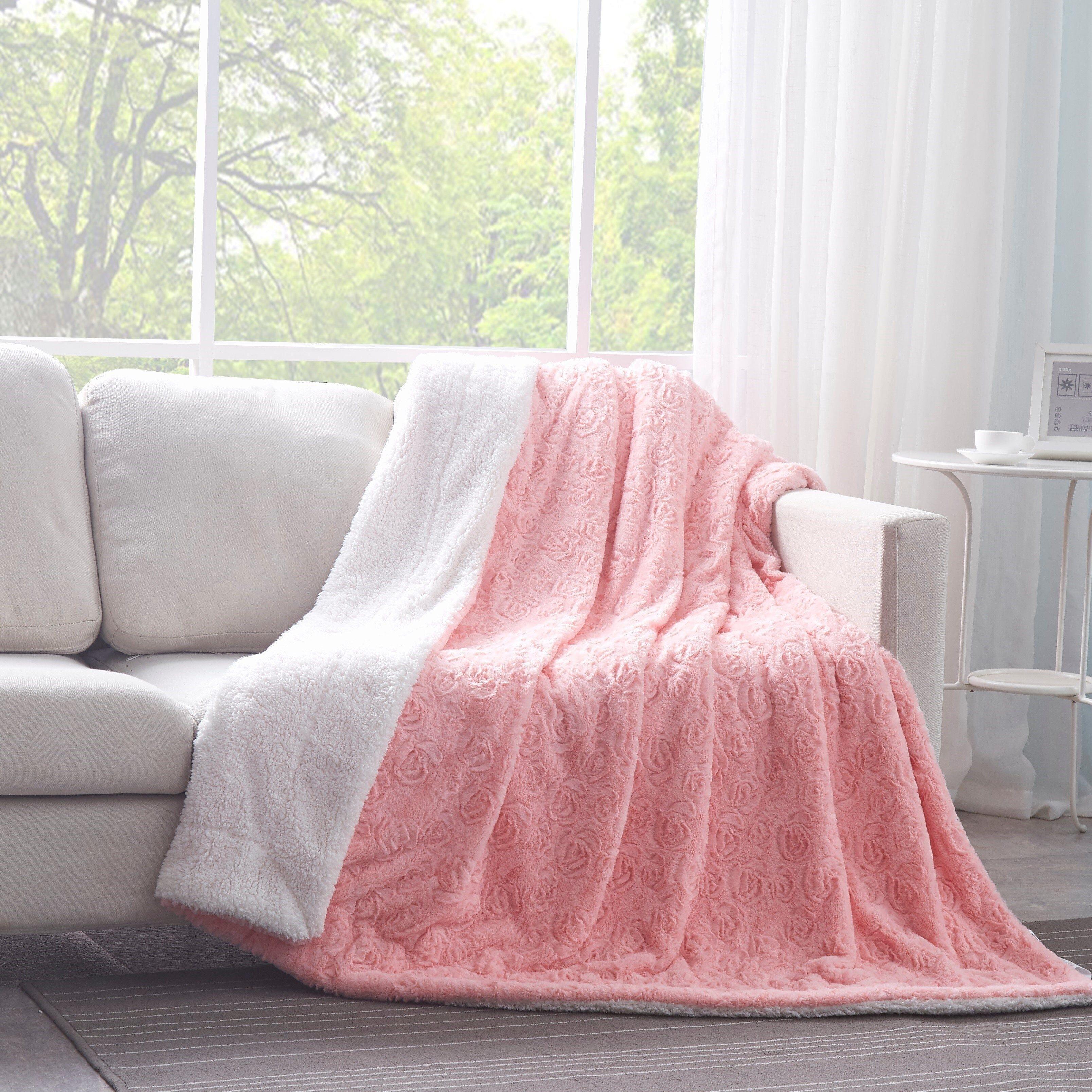 Dada Bedding Luxury Blossom Pink Rose Buds Pink Sherpa Backside Faux Fur Throw Blanket (bl-171752),... - House Of Avana