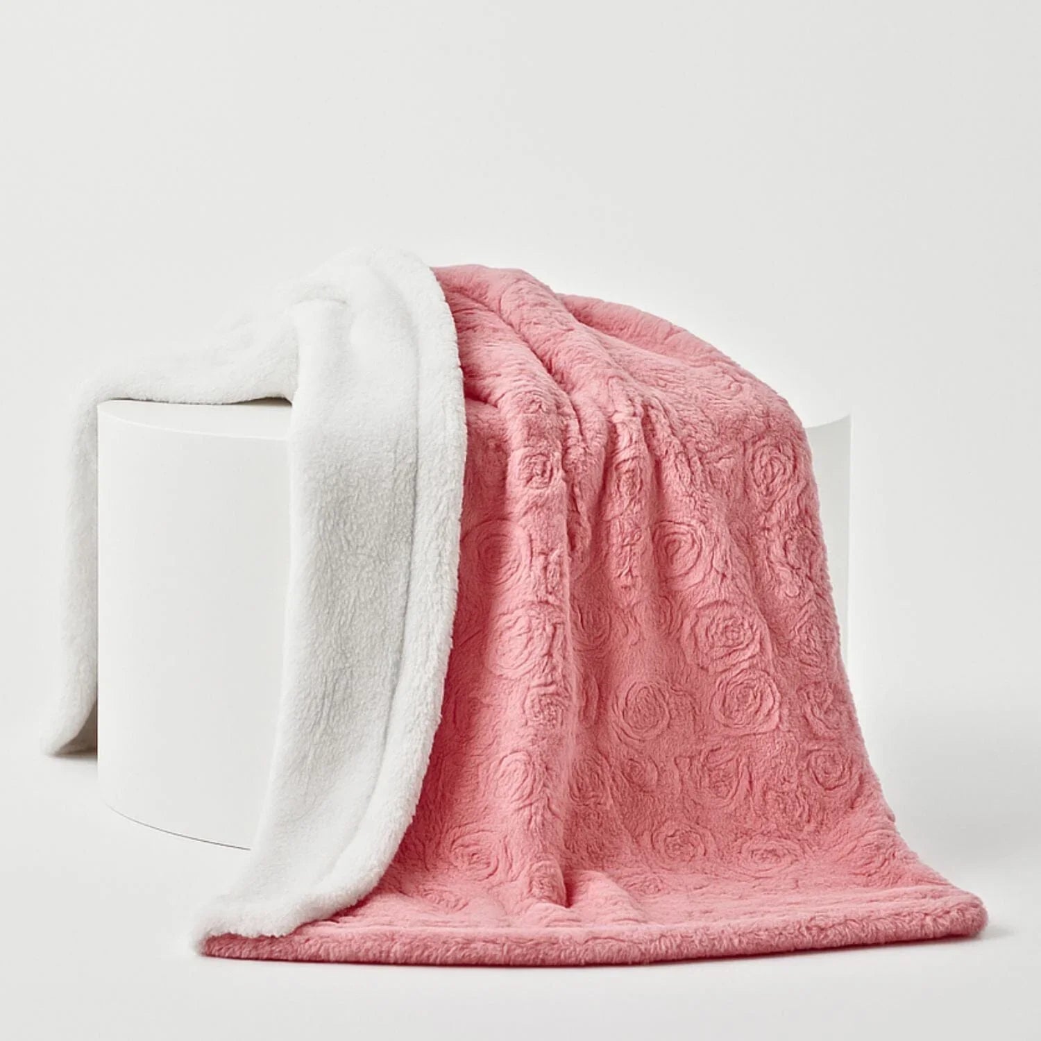 Dada Bedding Luxury Blossom Pink Rose Buds Pink Sherpa Backside Faux Fur Throw Blanket (bl-171752), top view - House Of Avana