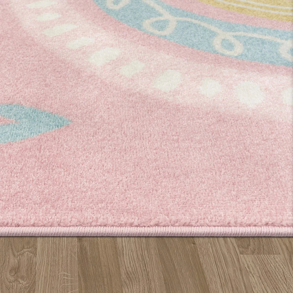 Kids Rug Nino with Rainbow and Hearts for Nursery in Pink, side view - House Of Avana