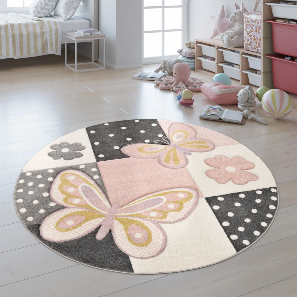 Kids Room Rug Pink Butterflies and Check Pattern, top view - House Of Avana