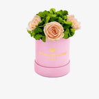 Pink suede garden box with peach roses, soft light pink fabric - House of Avana
