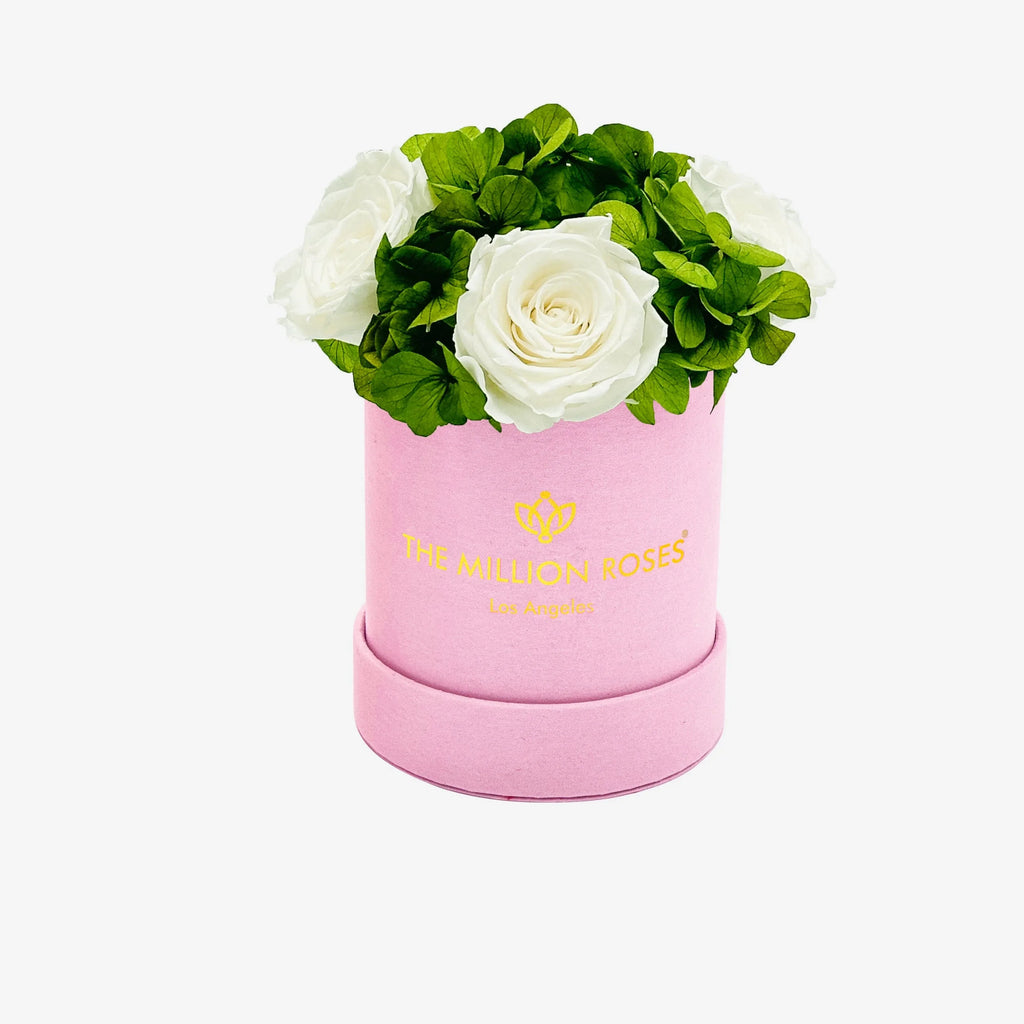 Pink suede garden box with white roses, elegant storage - House of Avana