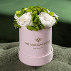Pink suede garden box with white roses, elegant storage - House of Avana