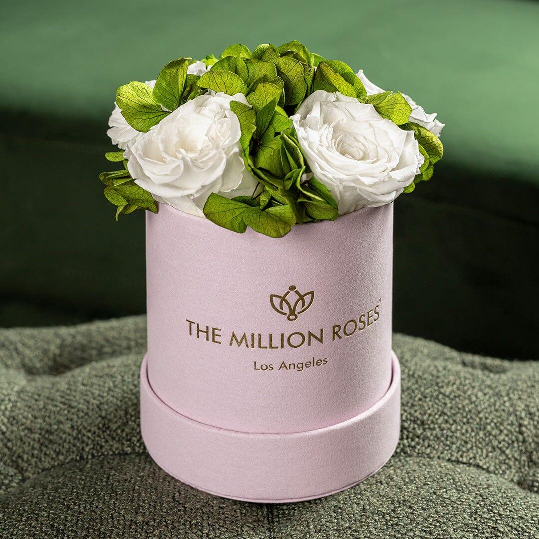 Pink suede garden box with white roses, elegant storage - House of Avana
