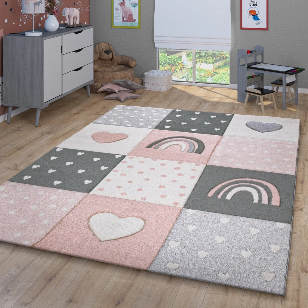 Kids Rug Cosmo Checkered with Rainbows & Hearts - Pink White, lifestyle image - House Of Avana