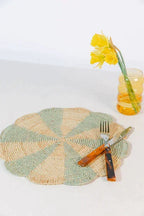 Pinwheel Blue Placemat, raffia tabletop Payton James