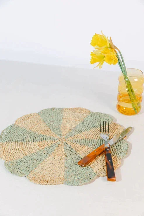 Pinwheel Blue Placemat, raffia tabletop Payton James