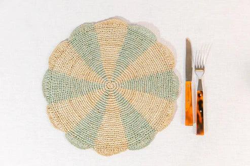 Pinwheel Blue Placemat, raffia tabletop Payton James
