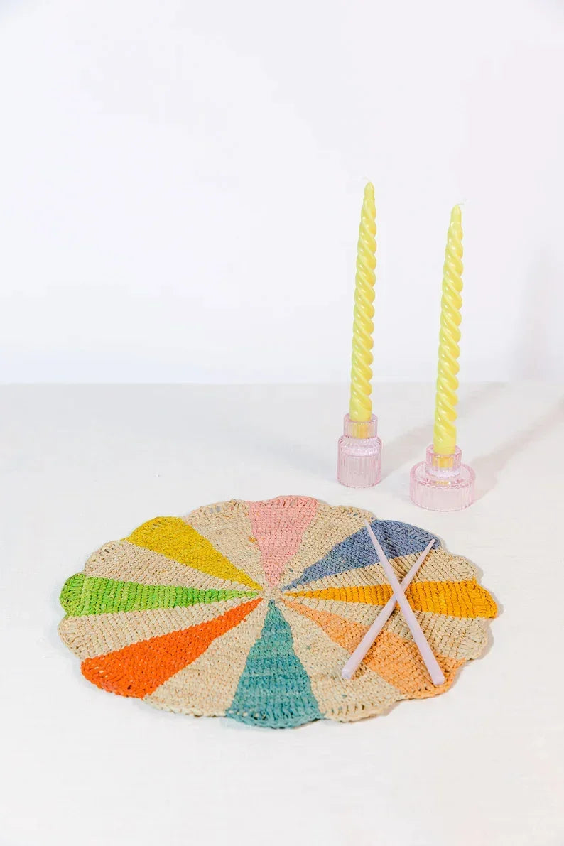 Pinwheel multicolor Placemat, raffia tabletop Payton James