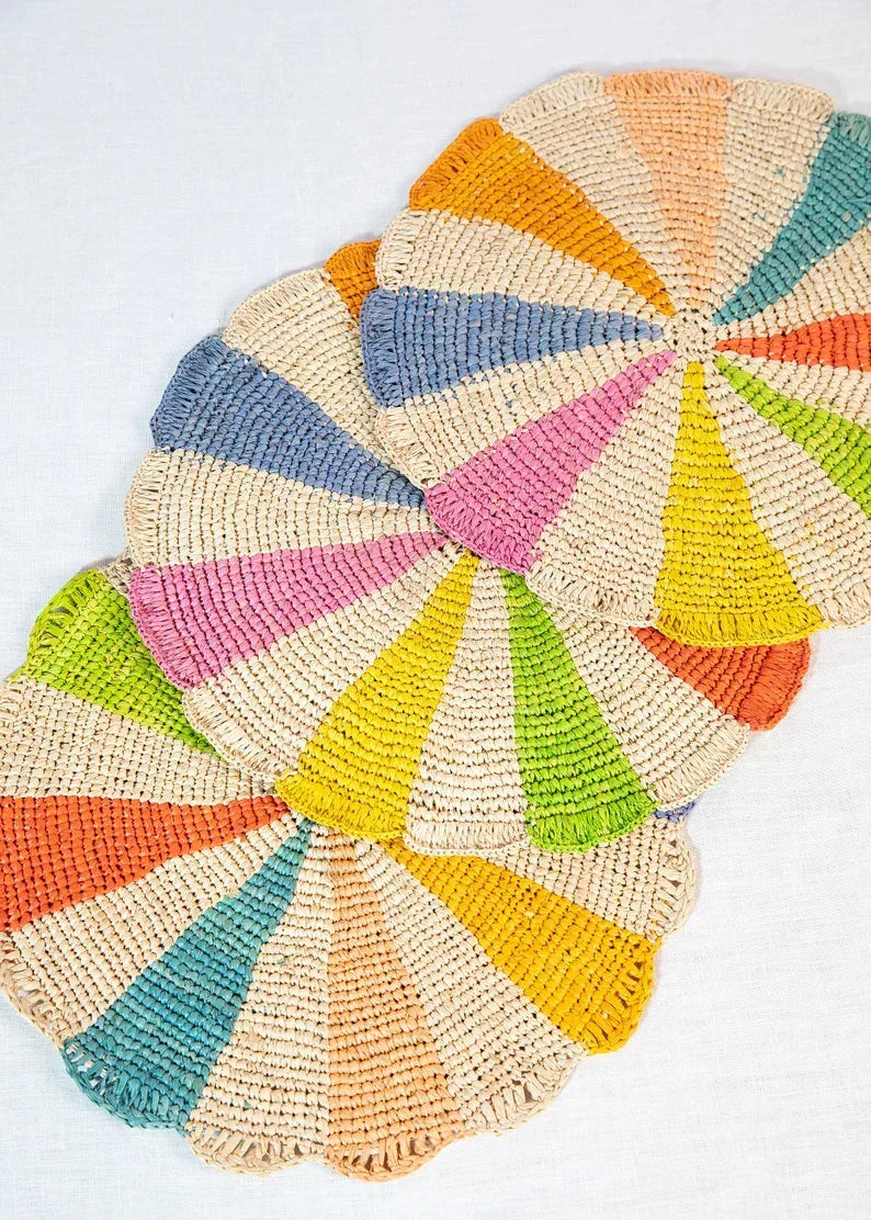 Pinwheel multicolor Placemat, raffia tabletop Payton James