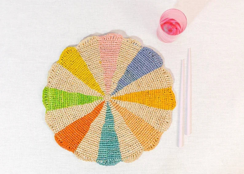 Pinwheel multicolor Placemat, raffia tabletop Payton James