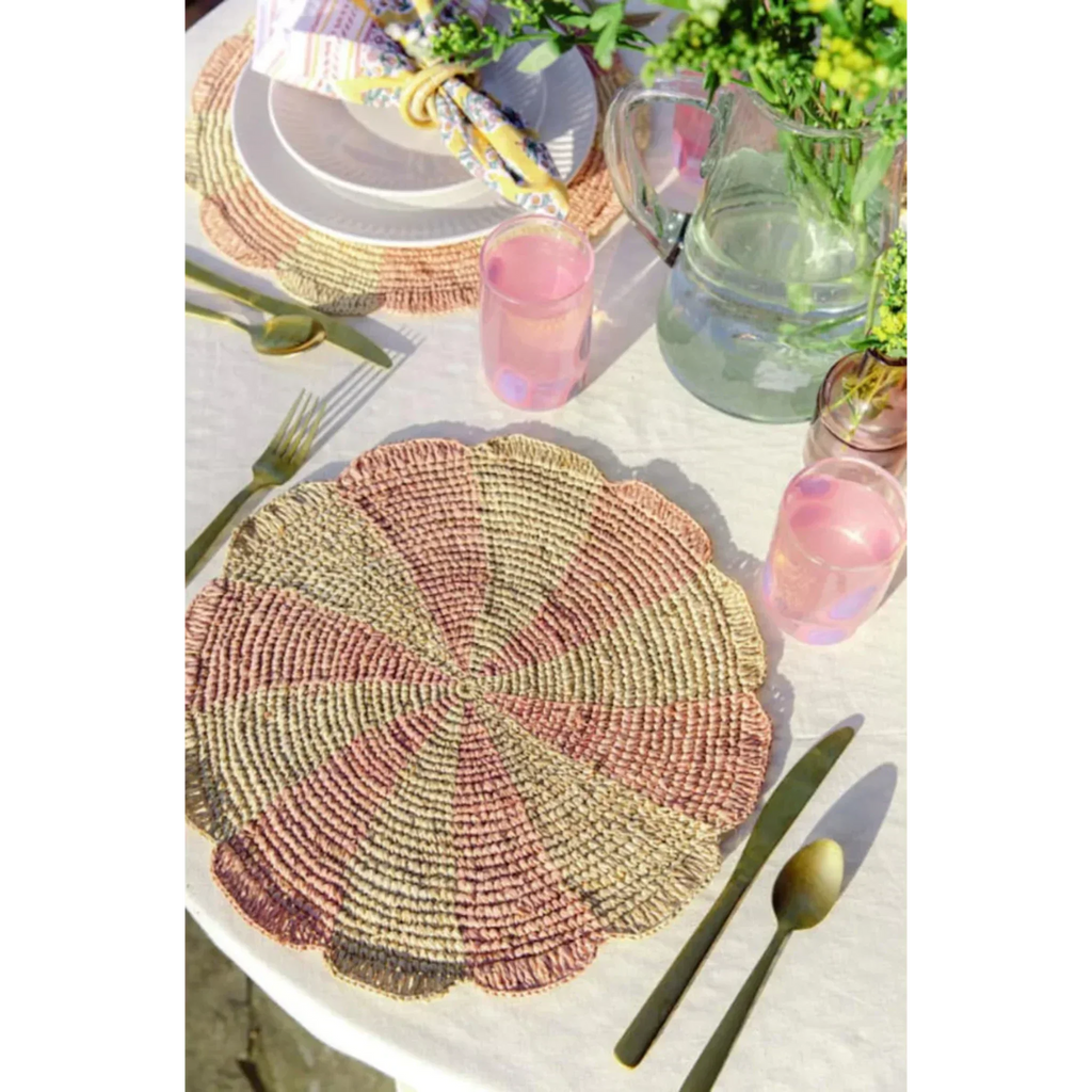 Pinwheel Pink Placemat, raffia tabletop Payton James