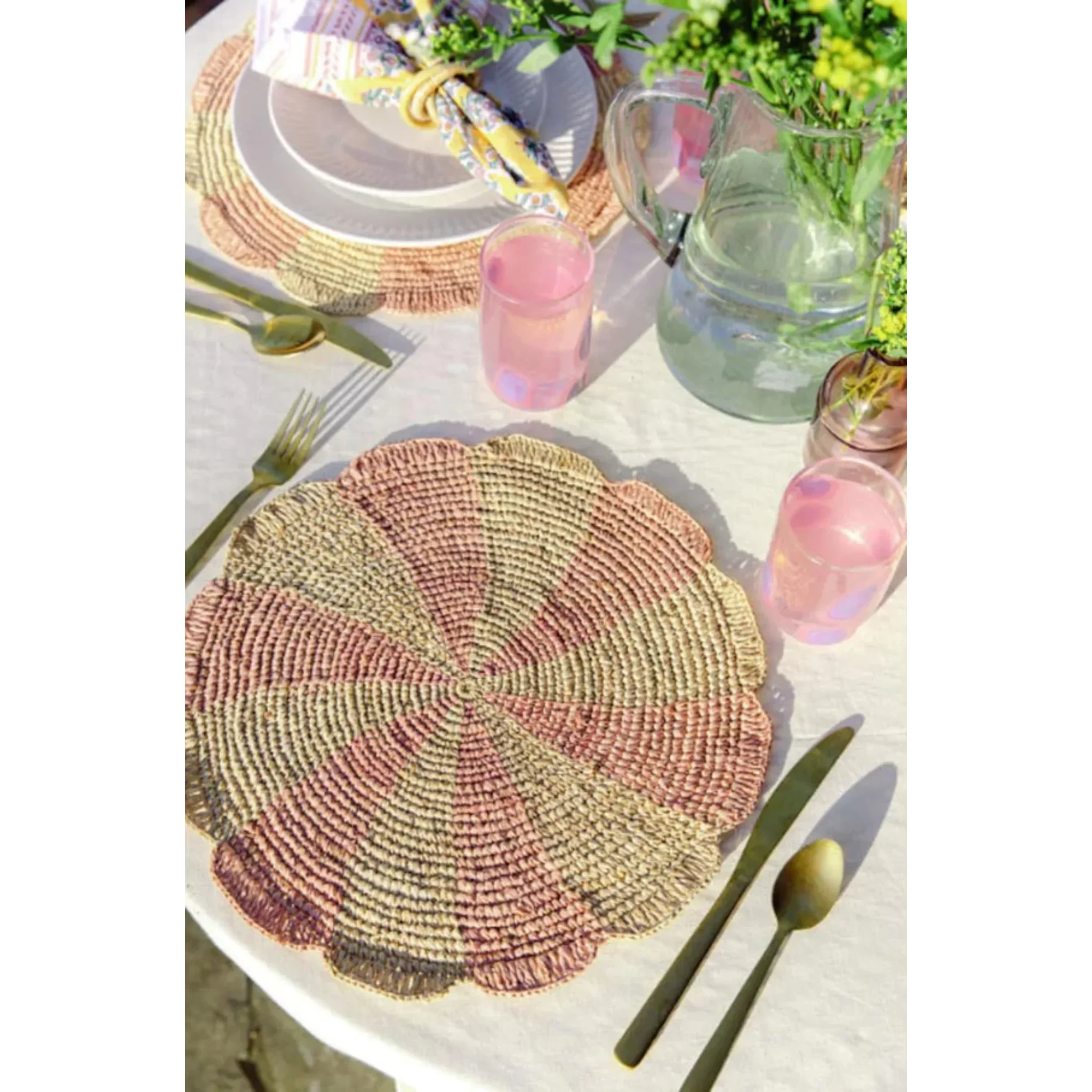 Pinwheel Pink Placemat, raffia tabletop Payton James