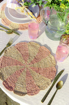Pinwheel Pink Placemat, raffia tabletop Payton James