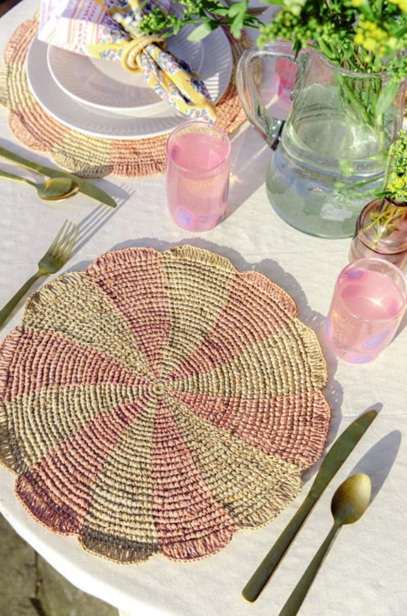Pinwheel Pink Placemat, raffia tabletop Payton James
