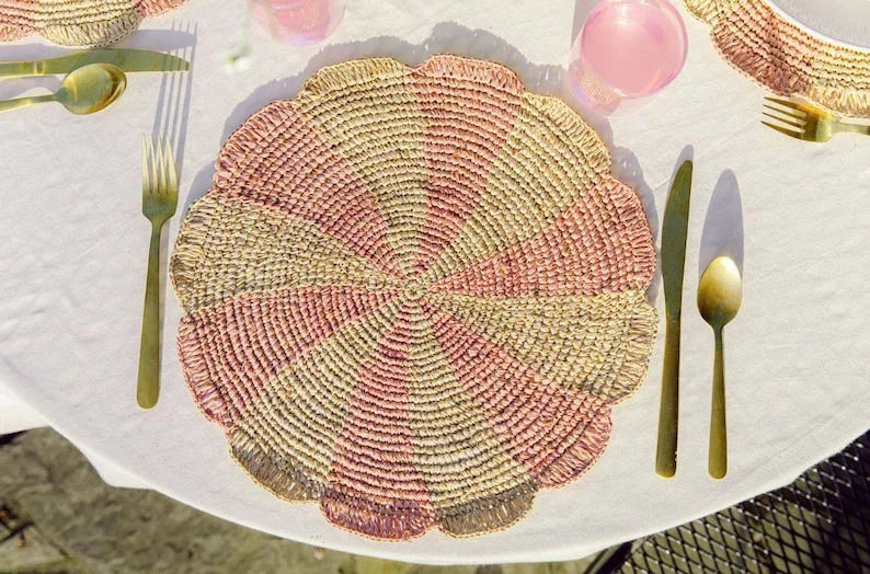 Pinwheel Pink Placemat, raffia tabletop Payton James