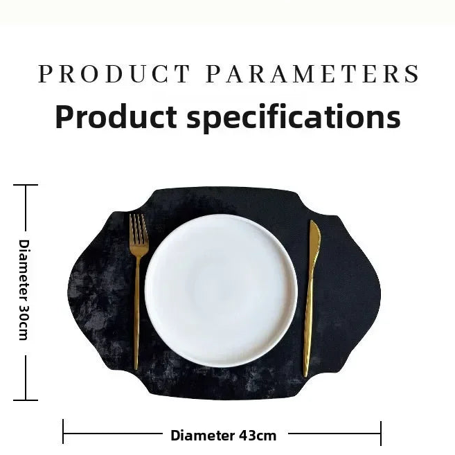 Black placemat with white plate and gold cutlery, product specifications displayed.