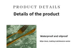 Gold fork and knife on a textured surface with product details text.