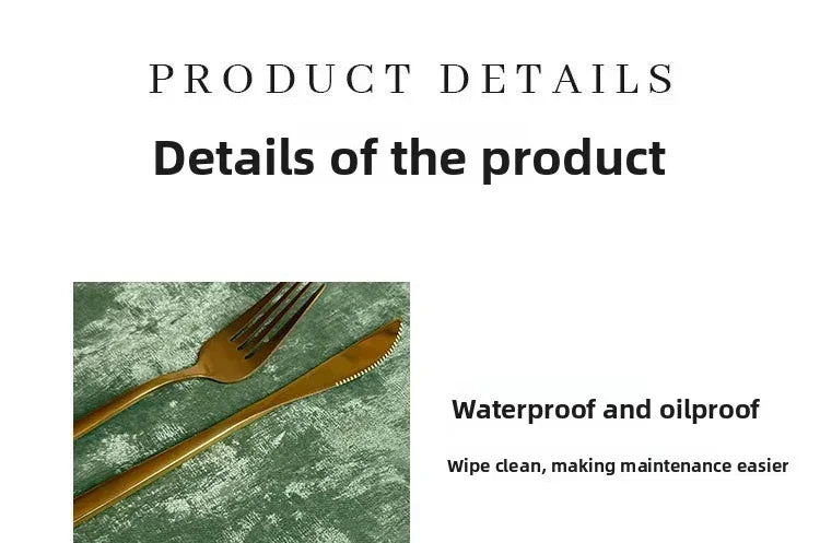 Gold fork and knife on a textured surface with product details text.