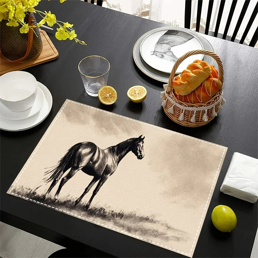 Dining table setting with a horse-themed placemat, bread basket, and lemons.