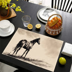 Dining table setting with a horse-themed placemat, bread basket, and lemons.