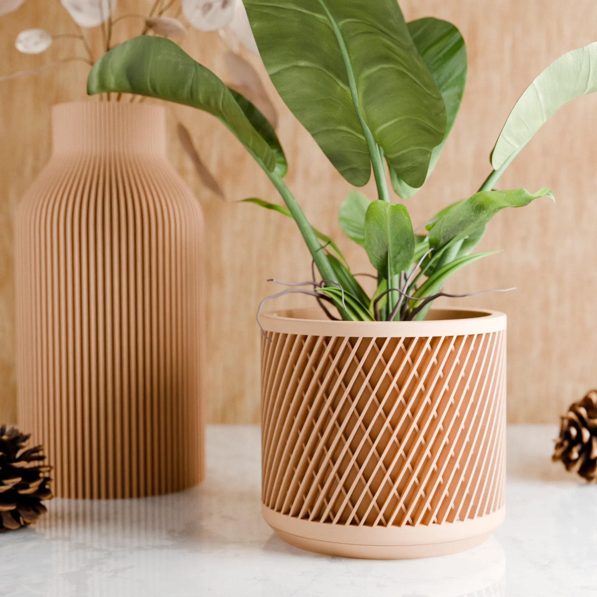 Ceramic Weave Planter with Multilayer Design and Earthy Tone, angled view - House Of Avana